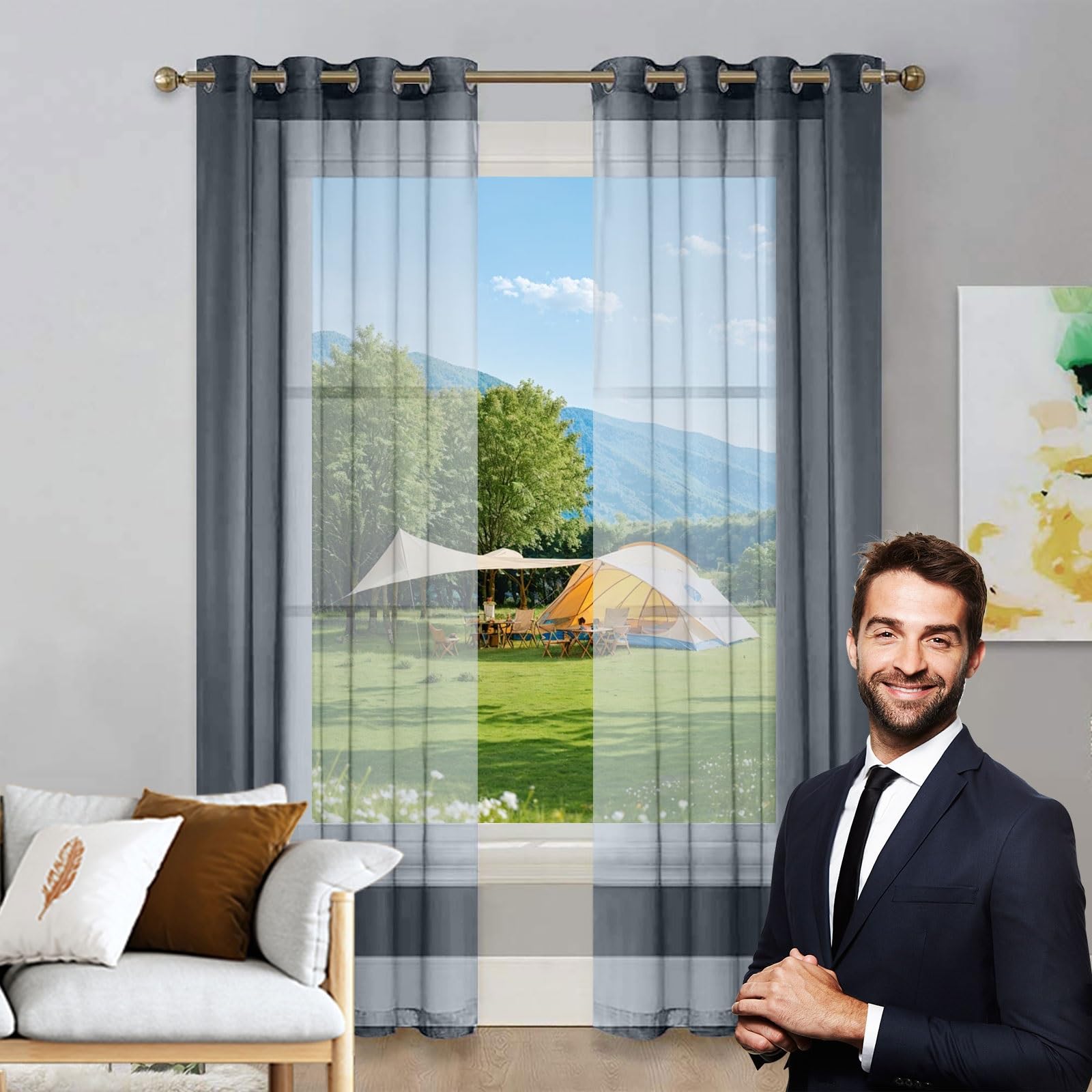 Voilage demi-transparent gris à œillets filtrage de lumière optimal