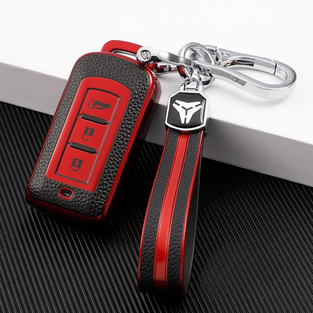HIBEYO TPU Car Key Fob Cover with Keychain fits for Mitsubishi ASX Eclipse Cross Fortis Lancer Outlander Sport Car Key Case Cover Jacket Leather Texture Smart Remote Car Key Holder 3 Button Red