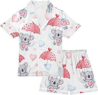 Satin Pajama Sets Short Sleeve Cute Koala Angels Hearts Button Down Silky Nightwear 2 Piece PJS 5-14Y,
