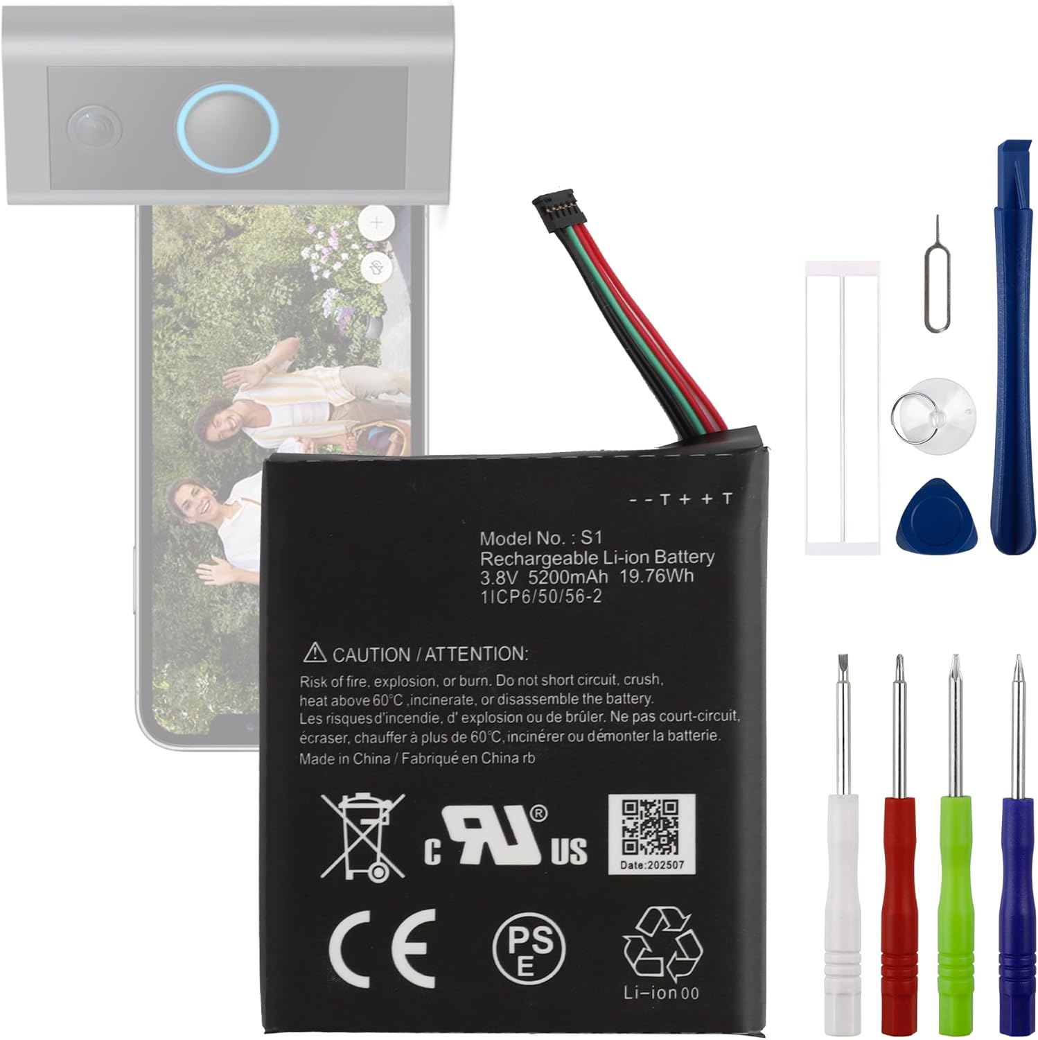 S1 3.8V 5200mAh Battery, Compatible with Ring Video Doorbell -5 Cable Version ONLY 2020,Comes with a Battery Installation Tool