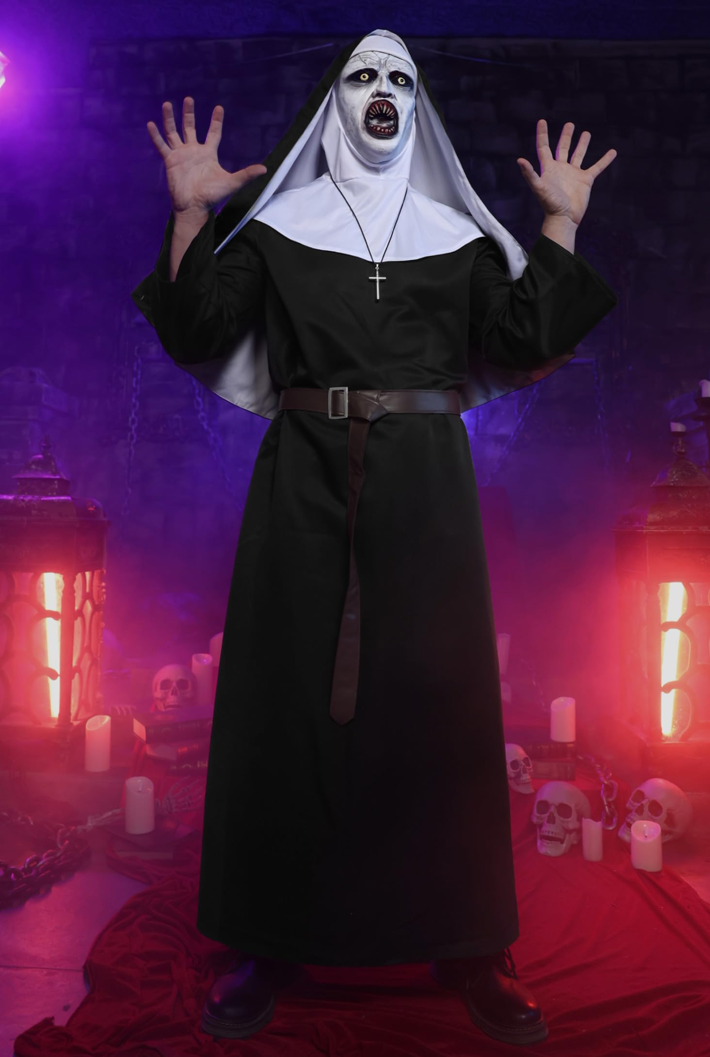 ERECT PEAK 4 Pcs Cosplay Outfit Halloween Adult Costume Black Robe Headwrap Belt Cross Necklace L, Black - 4 Piece Set - Image 3