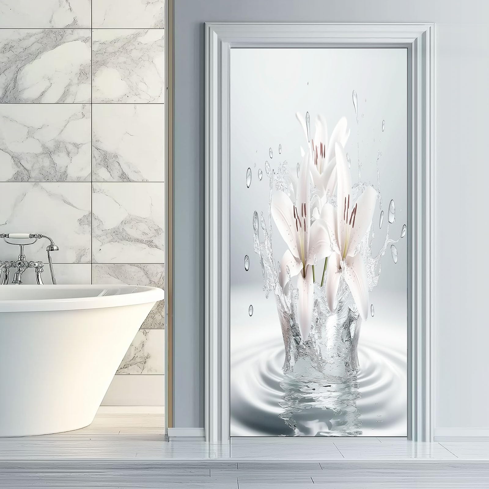 Adesivo Per Porte 3D Per Porte Interne, 80 x 210 cm 3D Piante Giglio Gocce D'Acqua Fotomurali Autoadesivi Impermeabile Porta In PVC, Carta Da Parati Soggiorno Cucina Camerette, Bianco Grigio