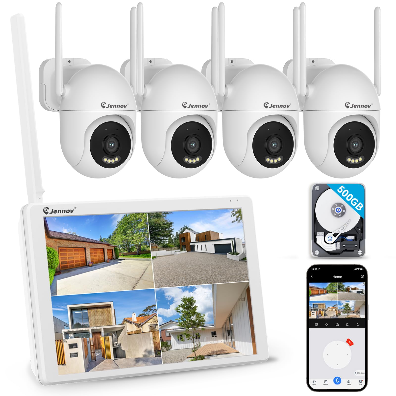Photo 1 of Jennov 5MP Wireless Security Camera System with Monitor, 4 Outlet-Powered WiFi Cameras, 10CH NVR with 500GB HDD, Night Vision, Motion Detection, IP66, No Subscription, Indoor Outdoor