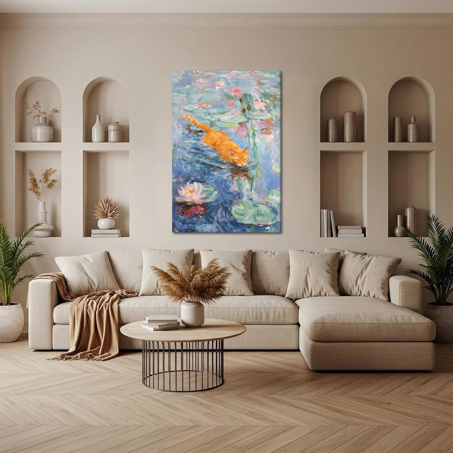 SIXWOOD Monet Inspired Water Lilies with Playful Whimsical Orange Cat Canvas Wall Art Painting, Water Lily Pond Picture Wall Decor for Kids Living Room Bathroom 16x24 Framed Ready to Hang Art Print