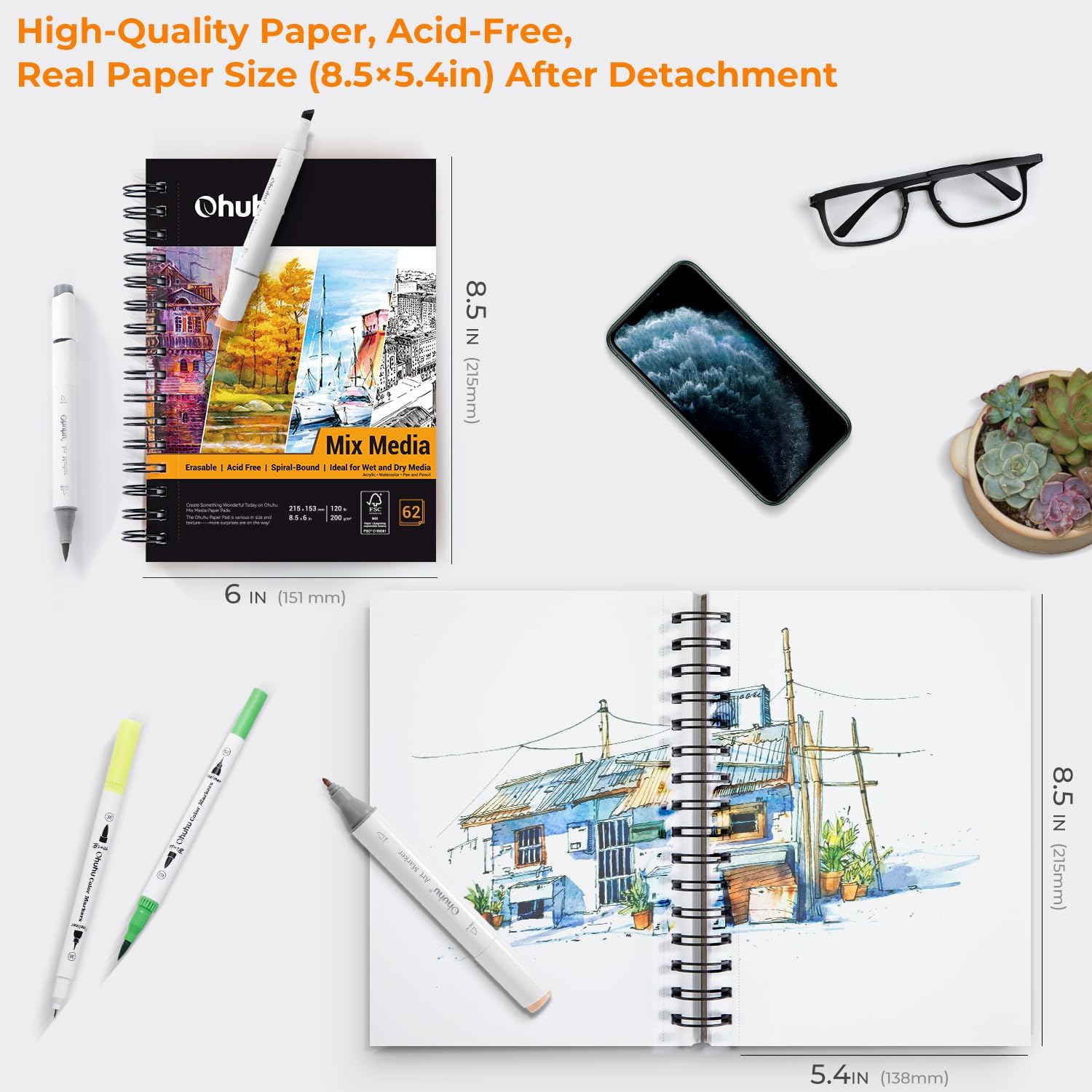 Ohuhu Mix Media Pad, 5.5" x 8.5" Mixed Media Art Sketchbook, 120 lb/200 GSM Heavyweight Papers, 62 Sheets/124 Pages, Spiral Bound Mixed Media Paper Pad for Acrylic, Painting Christmas Gift
