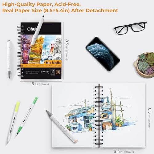 Vista 23 de Ohuhu Mix Media Pad, cuaderno de bocetos de arte mixto de 10 x 7.6 pulgadas, papel pesado de 120 lb/200 g/m², 62 hojas/124 páginas, cuaderno