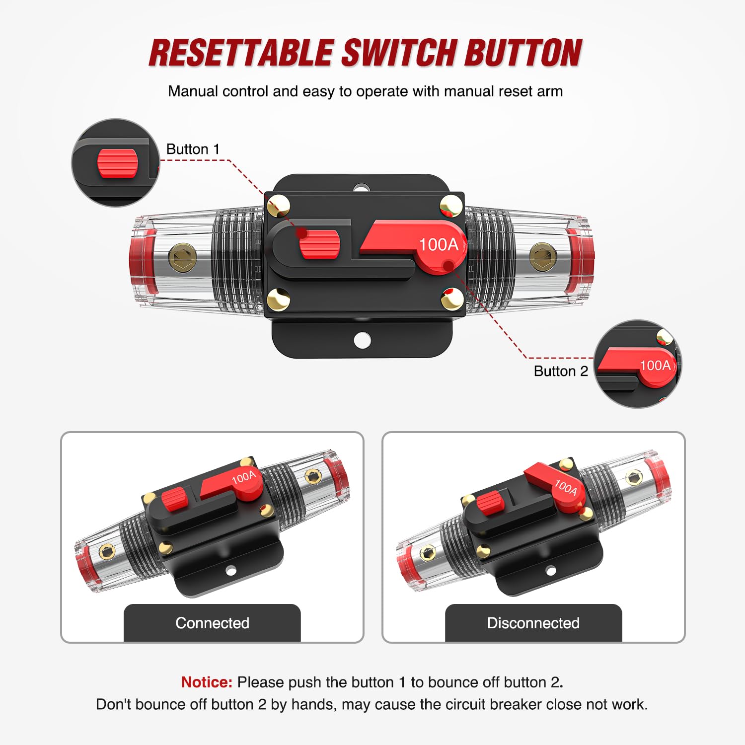 Nilight 100A Inline Circuit Breaker Resettable 12-24V DC Manual Reset Fuse Holder 3-15AWG Overload Protection for Car Audio Sound Amplifier System RV Marine Boat Truck Solar Inverter