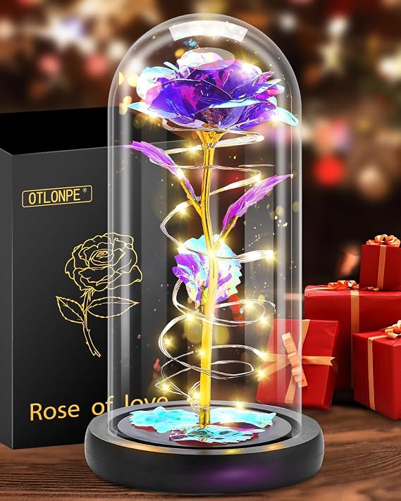 Otlonpe Forever Artificial Glass Rose Flower Lamp, Women Gifts for Birthday Christmas Valentines Mothers Day, Home Decor, Preserved 7.7'' Rose Gifts for Mom Grandma Daughter Wife Girlfriend (Purple)