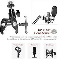 Vista 3 de Pinza de micrófono con cabeza de bola ajustable y tornillo de micrófono, compatible con micrófonos y accesorios de fotografía