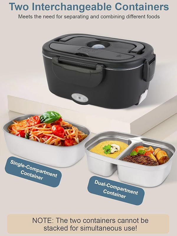 SOHIDA Electric-Lunch-Box-Heated-Food Warmer, 80W Heating Lunchbox for Adults, 2 Pack 1.5L Stainless Steel Containers, 12/24/110V Lonchera Eléctrica Portátil for Work/Car by SOHIDA - Image 3