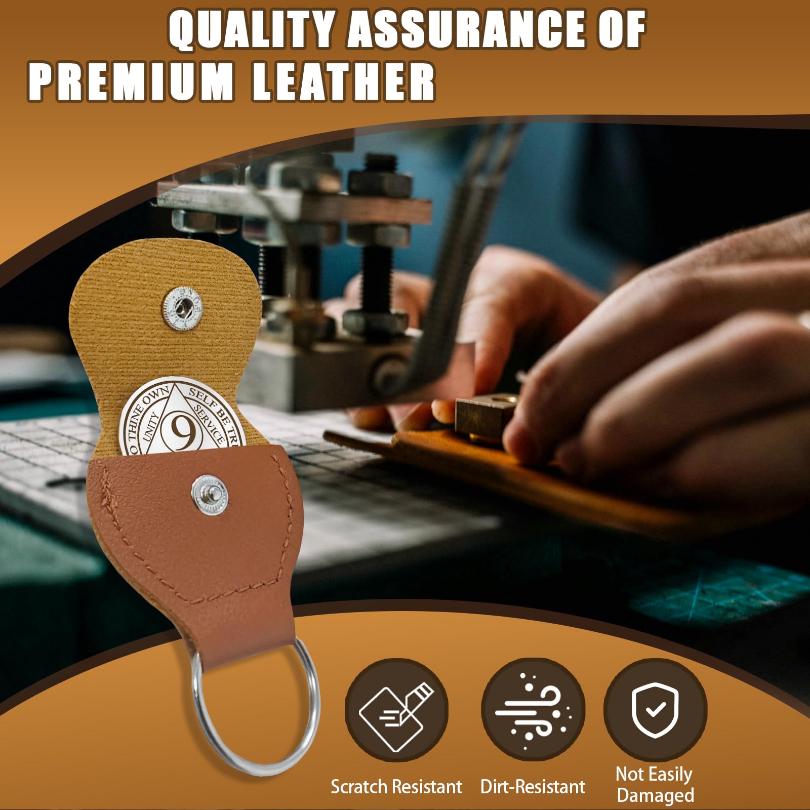 9 Months Sobriety Coin to Thine Own Self be True AA Chips and Medallions with PU Leather Keychain Sobriety Gifts for Celebrating Alcoholics Anonymous Recovery Sobriety Gifts for Men Women - Image 4