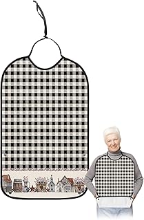 BOBOWUNY Country Star Adult Bibs for Elder Women Men Eating, Farmhouse Black White Buffalo Plaid Waterproof & Washable Bibs for Eating Clothing Protector Dining Bibs for Crumb Catcher