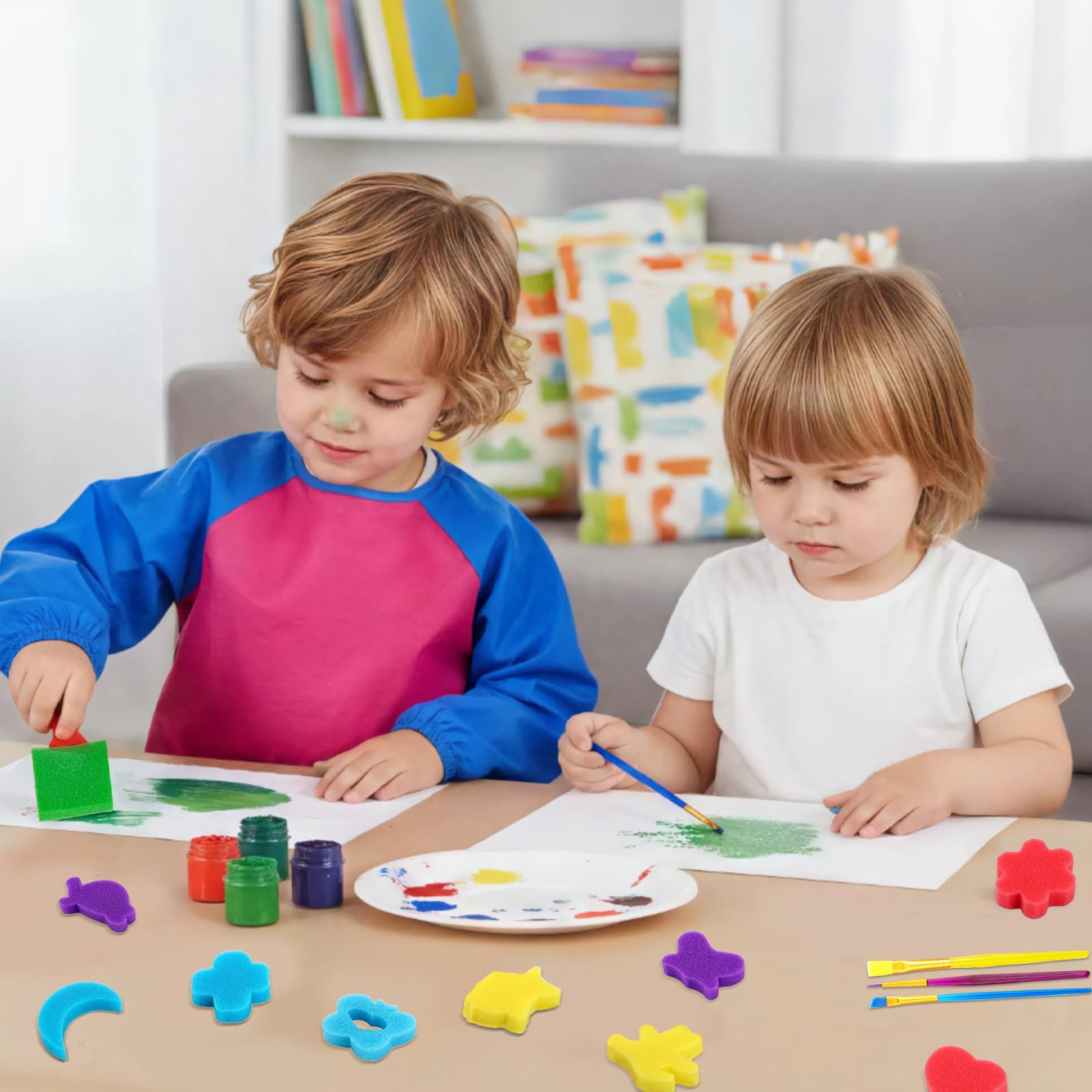 Lot de 51 pinceaux de peinture avec éponge Kit d'apprentissage pour enfants avec brosses en mousse Lot de pinceaux à motif, tablier étanche, etc.
