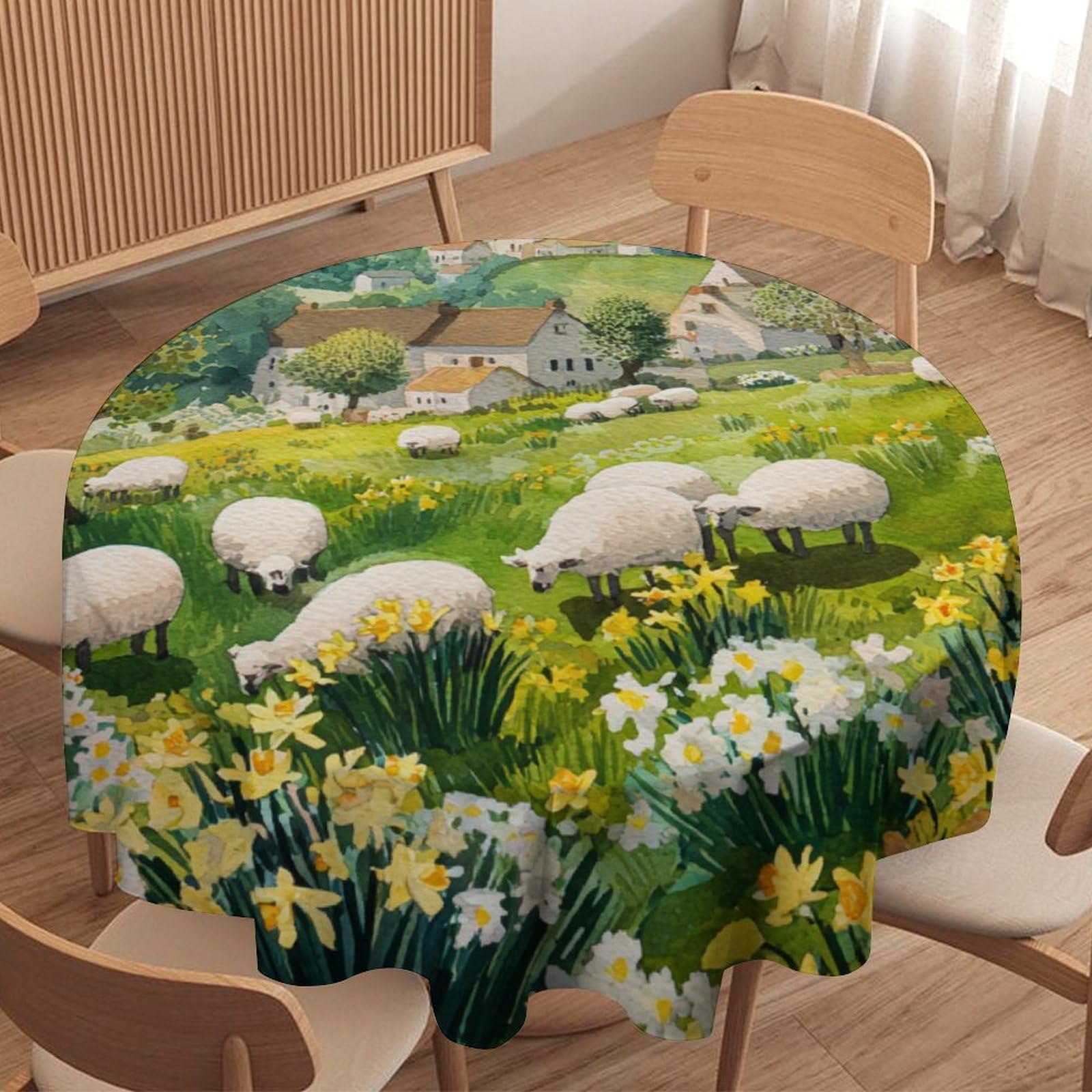 LUYYSKY Retro Rustic Animals Alpaca Round Tablecloth Classic Colorful Spring Farmhouse Daisies Flowers Sheep Washable Decor for Table Cover for Kitchen-91.4" Wx91.4 L cm