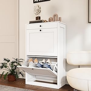 VOWNER Zapatero Entrada Recibidor, Zapatero 2 Puertas, Zapatero Blanco, Con cajón, Particiones Ajustables, Madera, para Entrada Estrecha, Pasillo, 60 x 30 x 99 cm