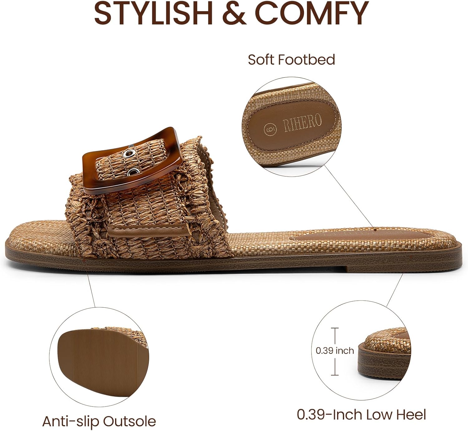 Rihero Women's Raffia Flat Sandals Square Open Toe Summer Beach Slip On Woven Buckle Slide Sandals