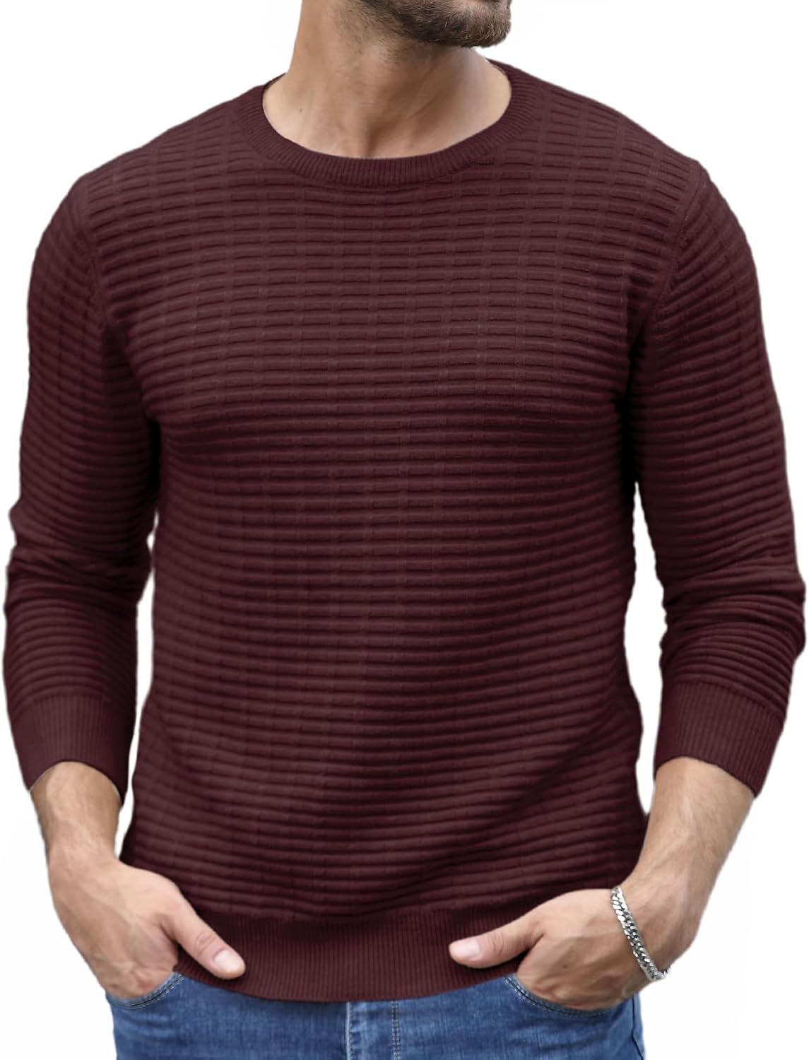 Askdeer Men's Pullover Sweater Cable Knit Crewneck Sweater Casual Long Sleeve Classic Knit Textured Sweater with Ribbing Edge