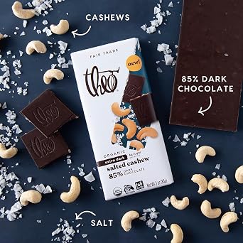 Theo Chocolate Salted Cashew Organic Dark Chocolate Bar, 85% Cacao, 12 Pack | Vegan, Fair Trade