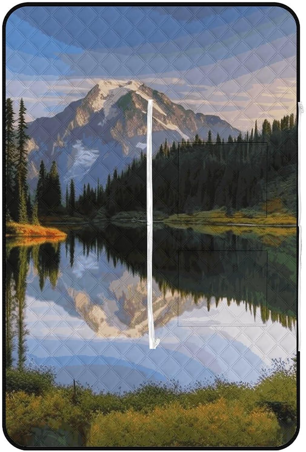 Zipper Type Beach Blanket Mountain and Lake Pictures Picnic Outdoor Blanket Waterproof Foldable for Beaches、Camping、Travel