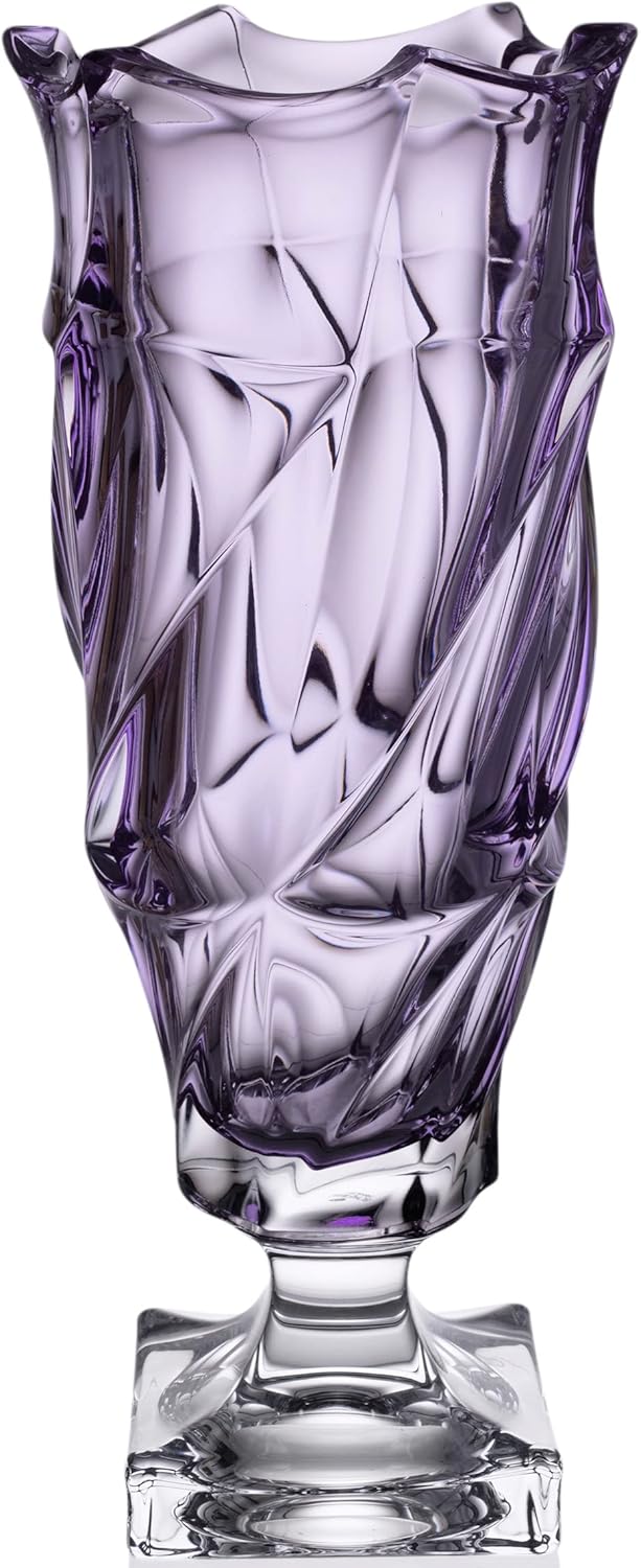 Czech Bohemian Crystal Glass Footed Vase 15"-H Amethyst ''Flamenco'' Vintage European Design Elegant Centerpiece Flower Vase Home Decor Wedding Birthday Housewarming Anniversary