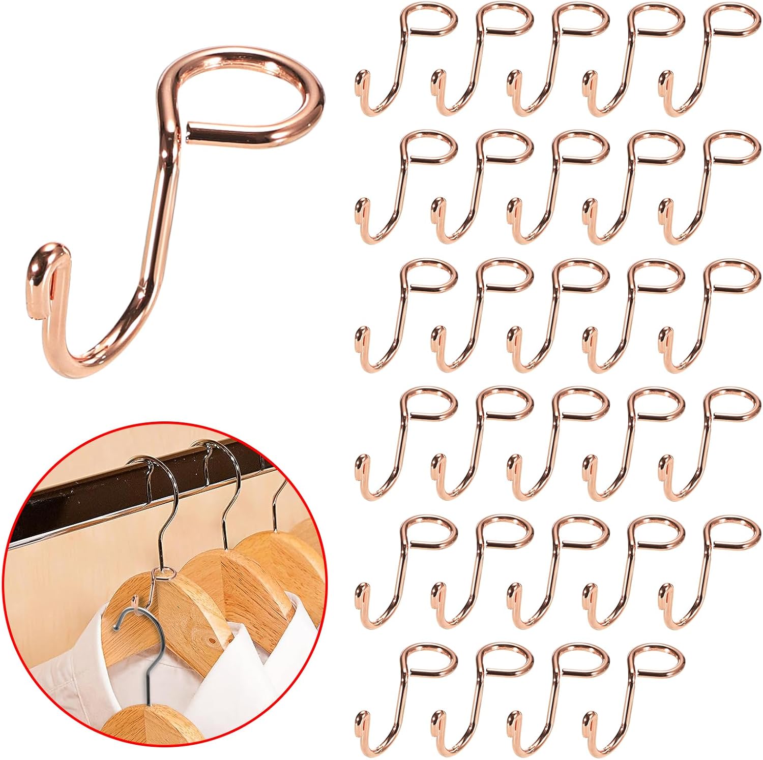 Sumnacon Cascading Hanger Hooks for Velvet Wooden Hangers, 30Pcs Rose Gold