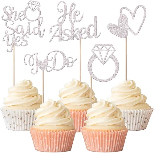 Miniatura 8 de Paquete de 30 adornos para cupcakes con purpurina en forma de corazón con texto en inglés "He Asked She Said Yes" para decoración de tartas de