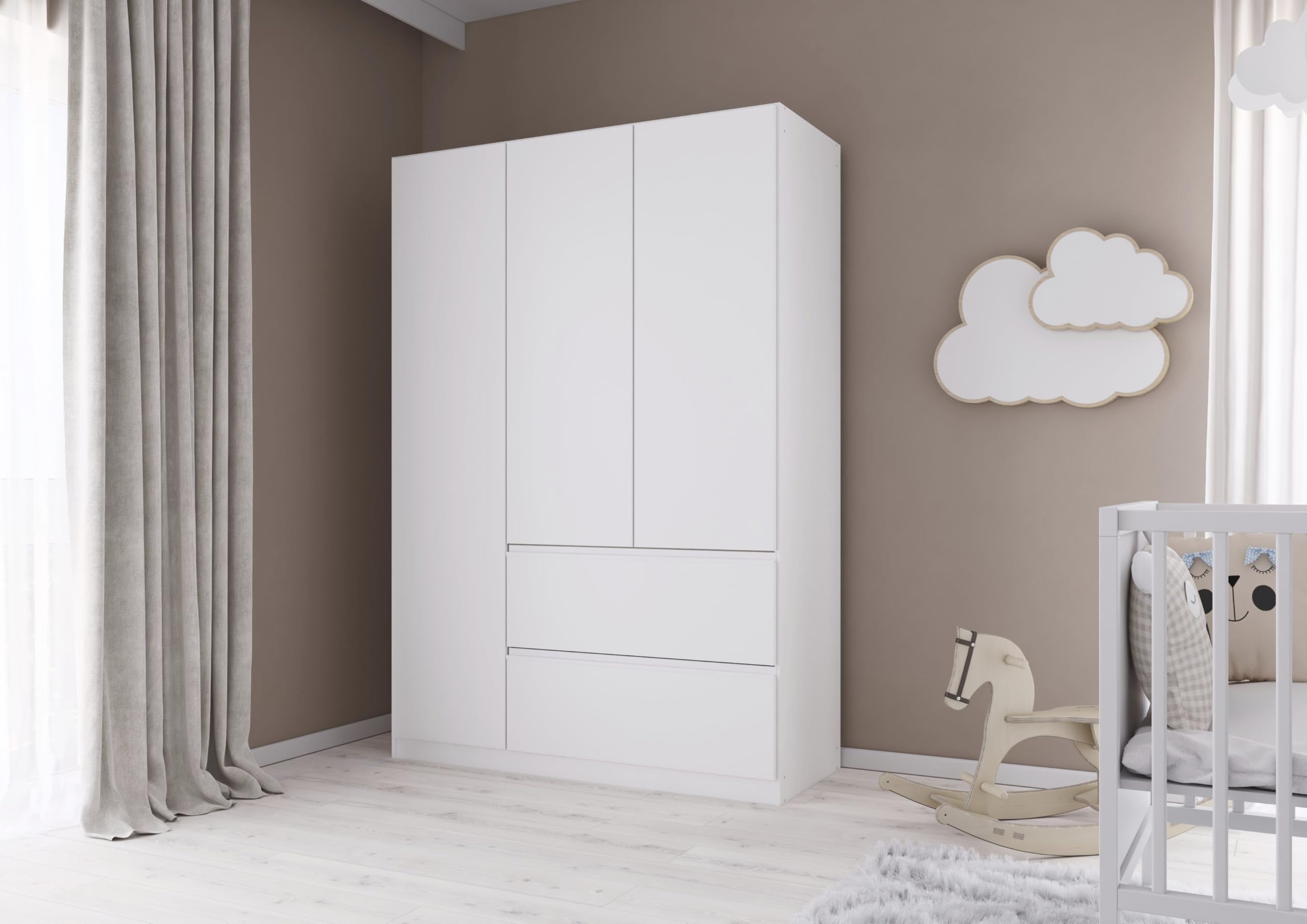 Rauch Möbel Costa, Kleiderschrank für Schlafzimmer, Kinderzimmer, Babyzimmer, Jugendzimmer, Flur, Garderobe 3-türig, 2 Schubladen, Push-to-Open, Farbe Weiß, Breite 136 cm