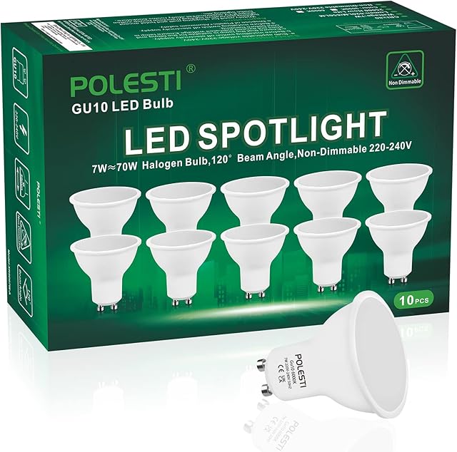 POLESTI 7W GU10 LED Bulbs, Cool White 6000K, 70W Halogen Spotlight Equivalent, 650lm, 120 Degree Beam, LED Spot Light Recessed Lighting, Non-Dimmable, Pack of 10