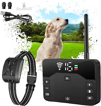 Wireless Dog Fence, Electric Dog Fence & Remote Training Collar, Vibration & Shock, IP65 Waterproof and Rechargeable, Large Signal Range of 80-1640ft, Pet Boundary Containment System,for1dog