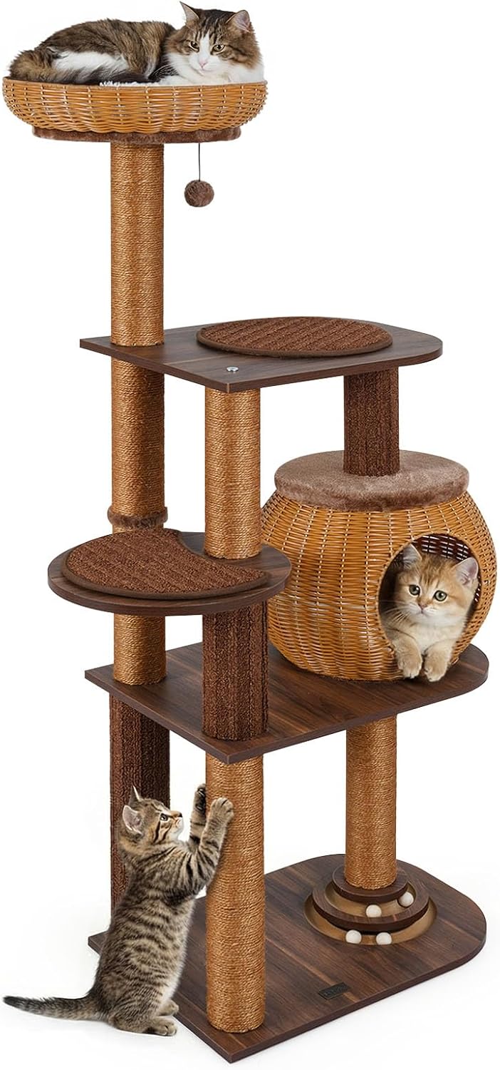 PETSITE 59.5-inch Tall PE Rattan Cat Tree with Sisal Posts and Removable Pads — Stable Multi-Level Design for Active Cats