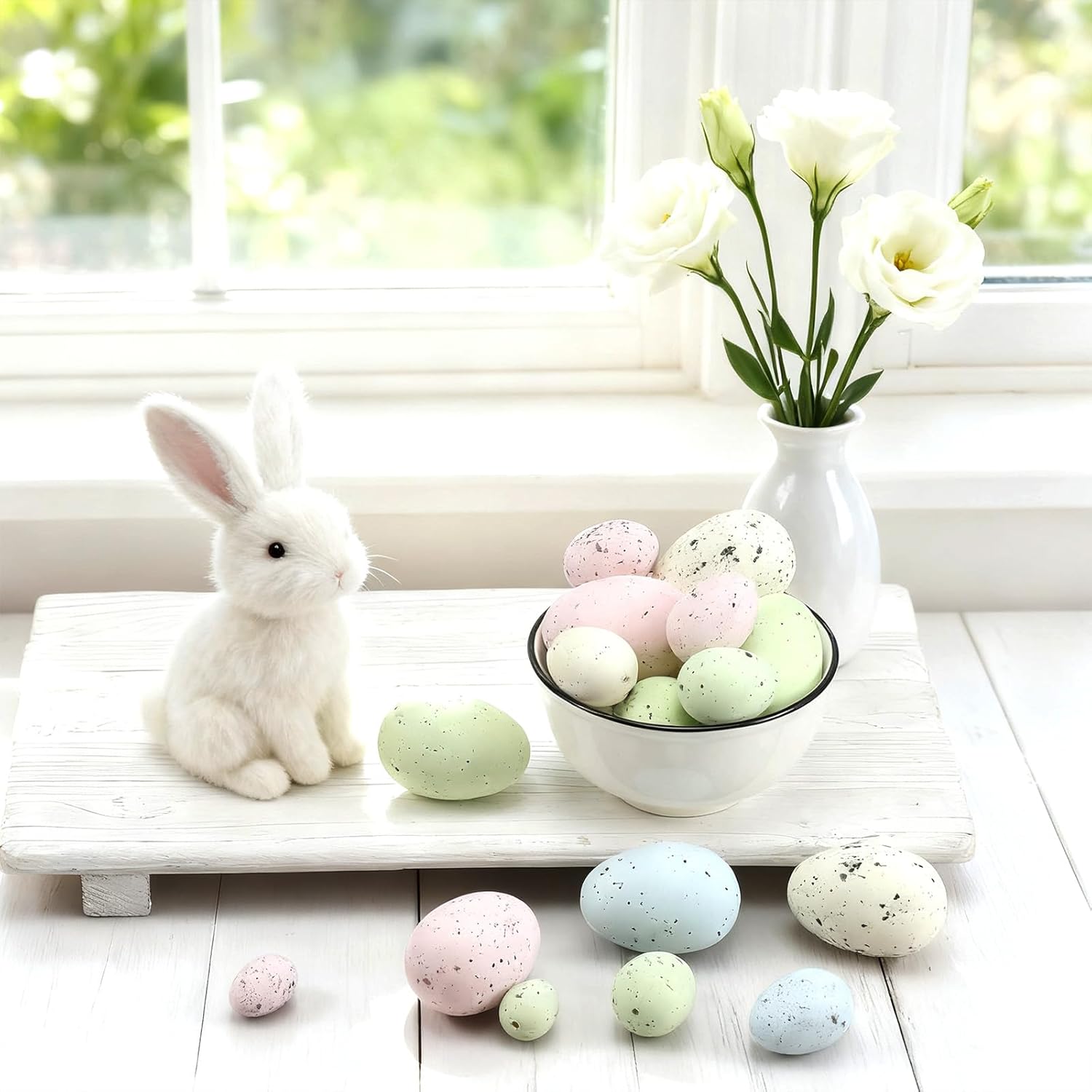 Soulchen 36 Pcs Artificial Bird Eggs Easter Pastel Speckled Eggs Colored Faux Egg for Easter Spring Display DIY Craft Home Bowl Fillers Decoration(Light Pink, Light Blue, Green, White)