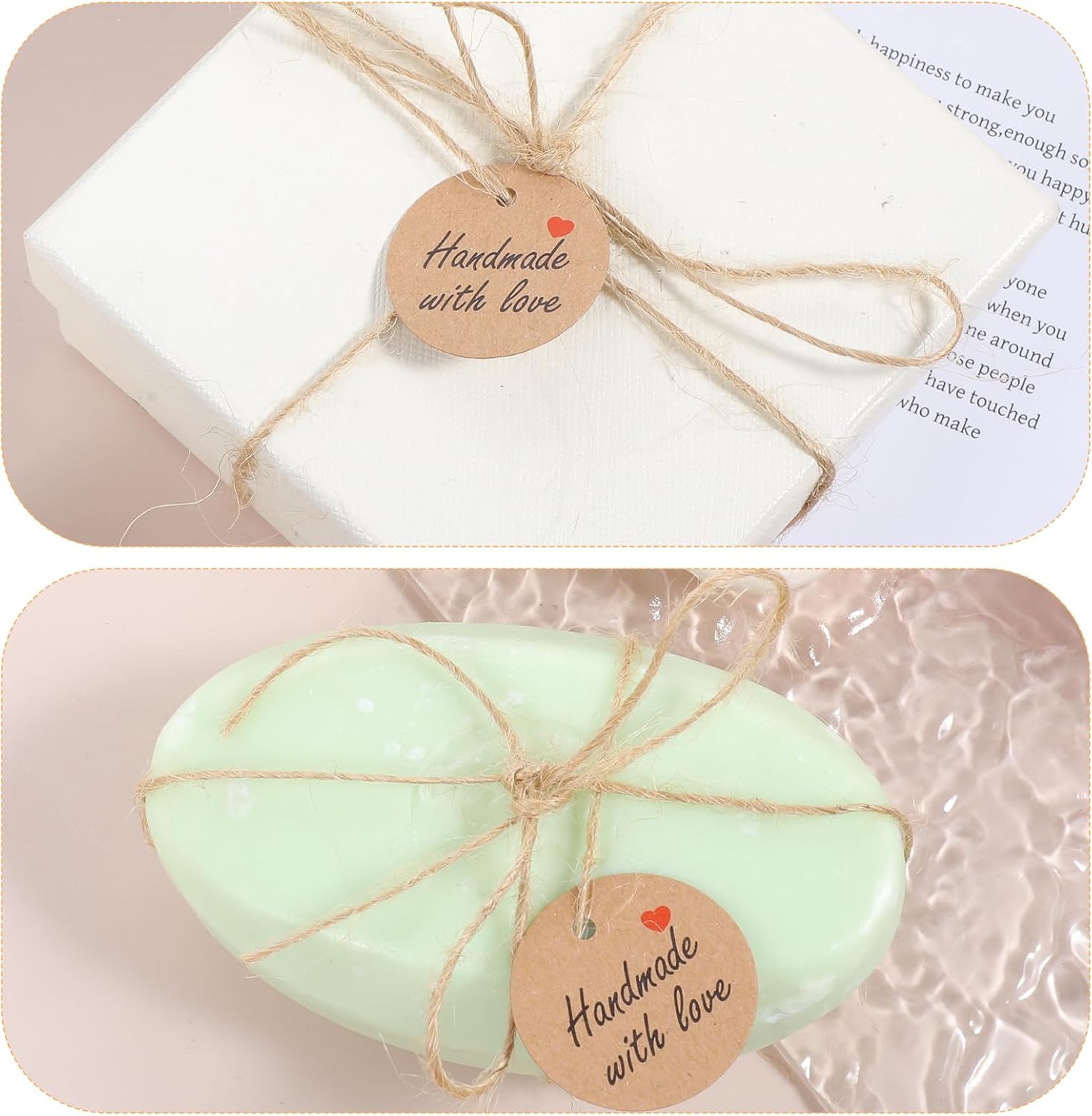 100 PCS Handmade Tags, Made with Love Tags 1.2” Brown Paper Hanging Tag with String for DIY Crafts Wedding Birthday Party Favors Gift Wrapping