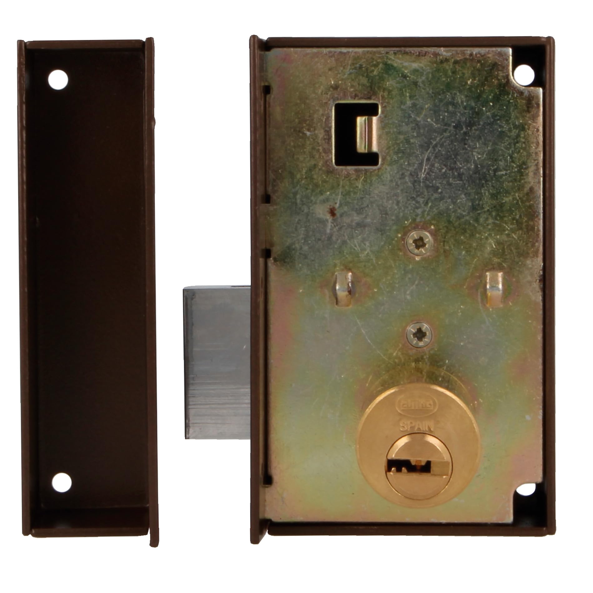 Amig - Cerradura de Sobreponer de Derecha con Palanca de Cierre y Lengüeta para Puertas de Madera Mod. 75P - 67 x 112 mm - Cilindro Redondo de Seguridad - Acero Marrón