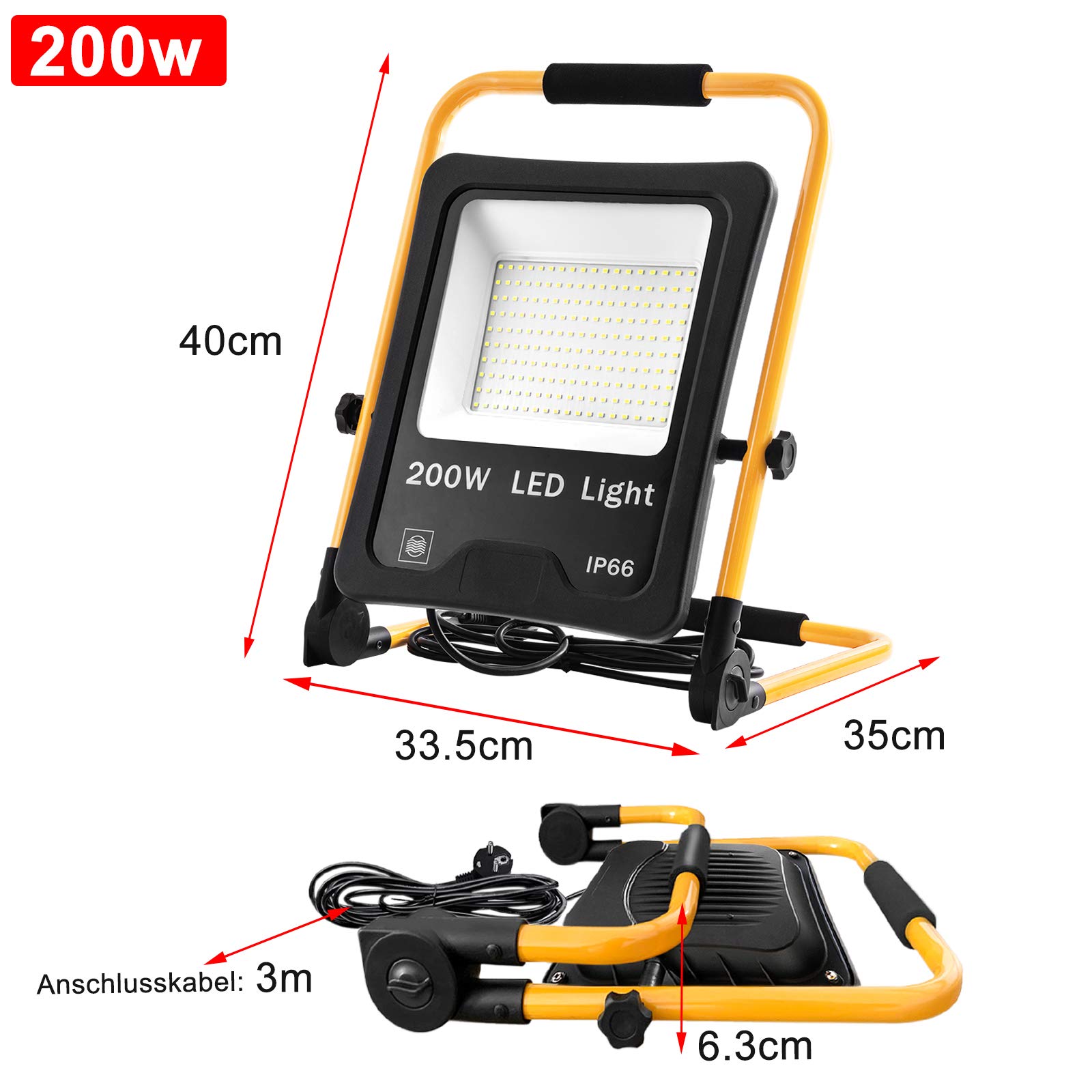 UISEBRT Reflektor budowlany LED, 200 W, 16000 lm, przenośny, wodoszczelny, IP66, reflektor budowlany do warsztatu, garażu, na zewnątrz, ciepła biel