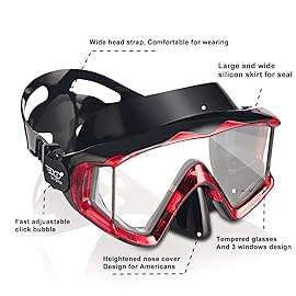 Adult Pano 3 Window Scuba Diving Mask, Tempered Glass Snorkel Mask Anti-Fog Swim Mask No Leakage Swim Goggles with Nose Cover Snorkeling Gear for Snorkeling, Freediving, Swimming (Crystal Red)