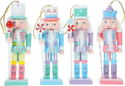 Amosfun Juego de 4 adornos de cascanueces de Navidad de 4.7 in, figuras de cascanueces de madera de caramelo, decoración de cascanueces pastel para