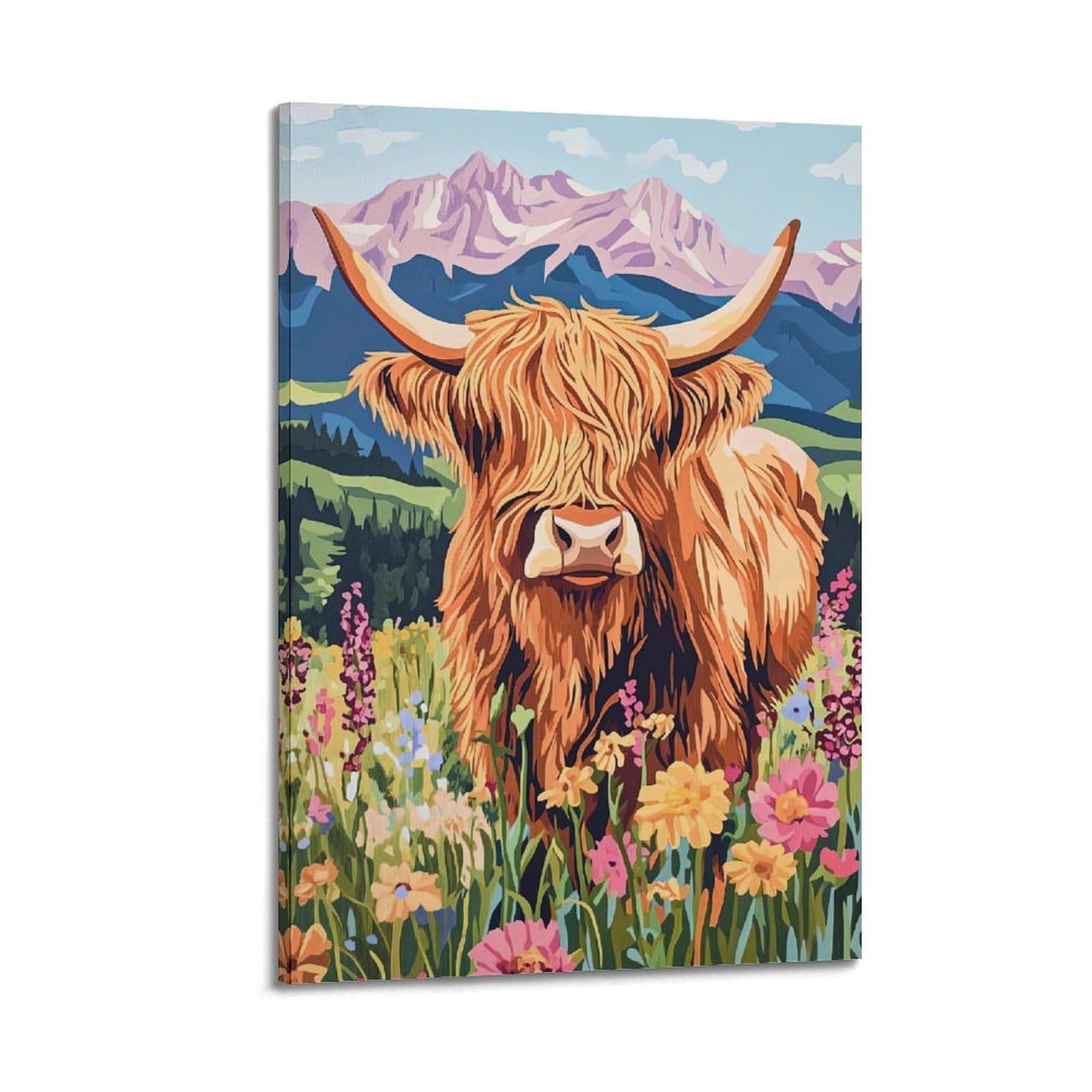 ESTE Vintage Highland Cow Flowers Artwork Poster Decorative Painting Canvas Modern Art Picture 24x36inch(60x90cm)