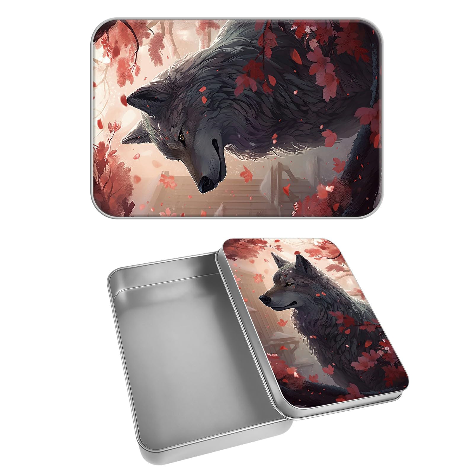 Rectangular Metal Tin Box with Removable Lid, Wolf Decorative Printed Metal Storage Container for Cards, Diaries, Home Organization 4.53 x 3.35 x 0.86 inch– Single Pack