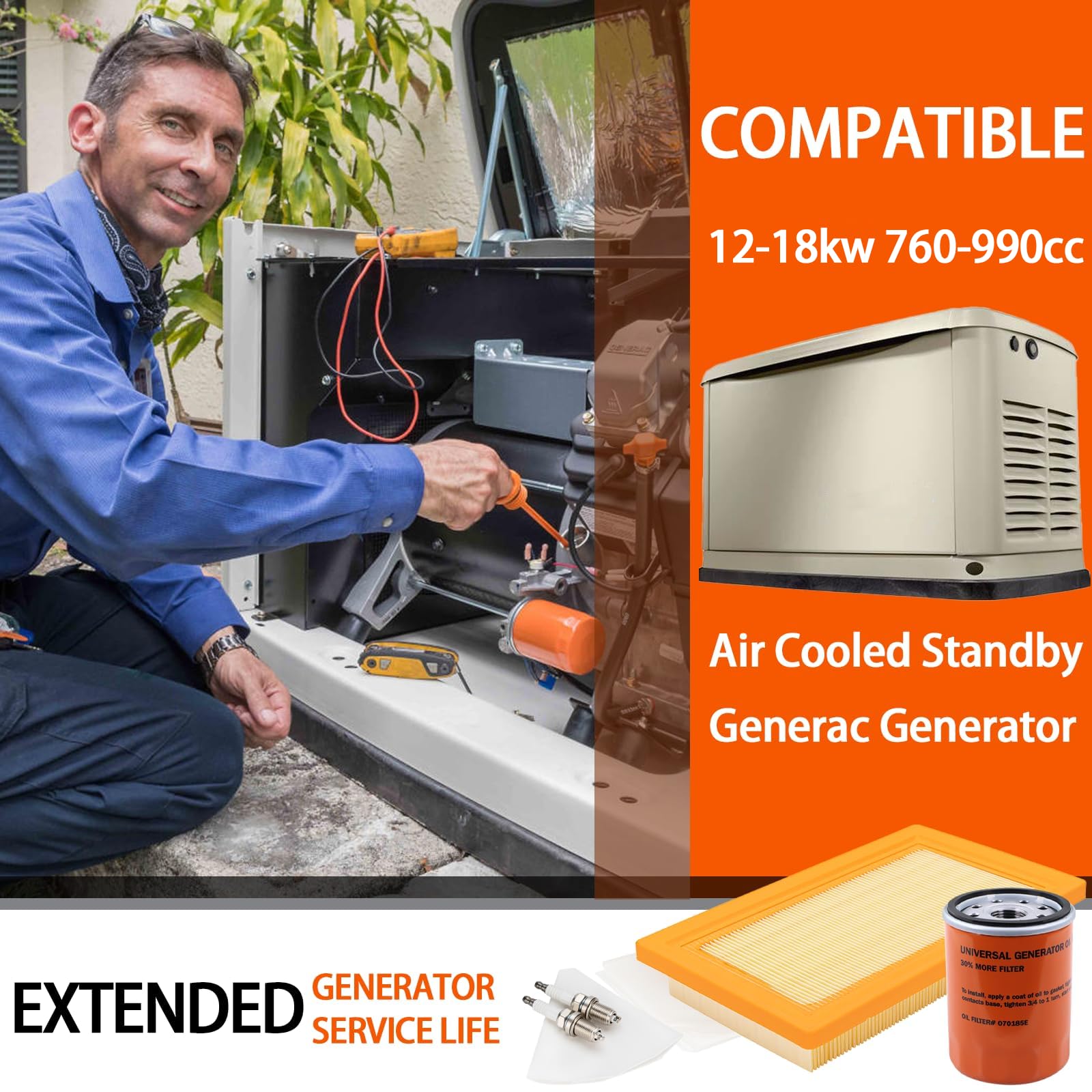 KOONDHEEND 6484 Maintenance Kit Fit for Generac 12-18kW Standby Generators 760-990cc Engine Scheduled Maintenance Kit Include 0J8478S Air Filter, 070185E Oil Filter
