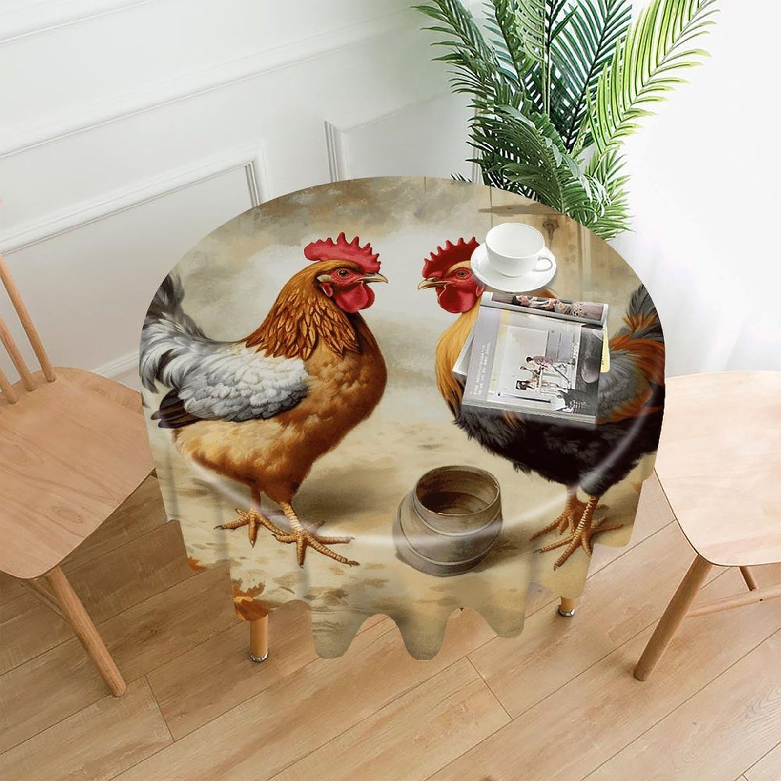 FodPand Chicken and Rooster Print Round Tablecloth - 60 Inch Premium Polyester Table Cloth, Fashion Wrinkle Resistant Decorative Table Cover for Dining Kitchen Party Buffet Tables