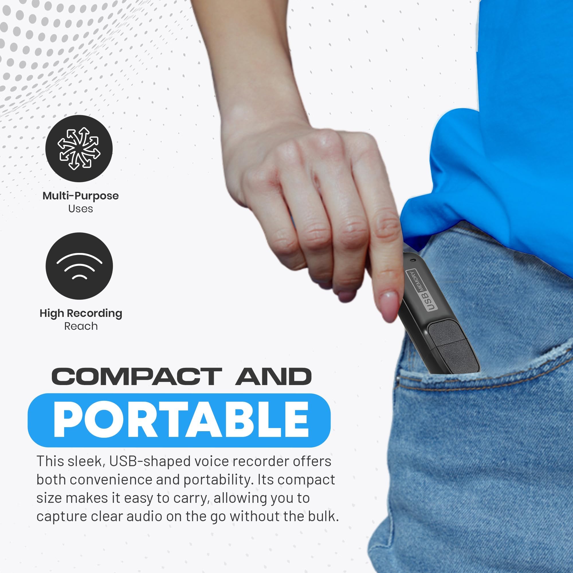 Registratore audio digitale USB-C per appunti, lezioni e riunioni, 288 ore di memoria, 26 ore di batteria, data e ora, facile riproduzione su PC/Mac, registratore vocale compatto per l'uso quotidiano