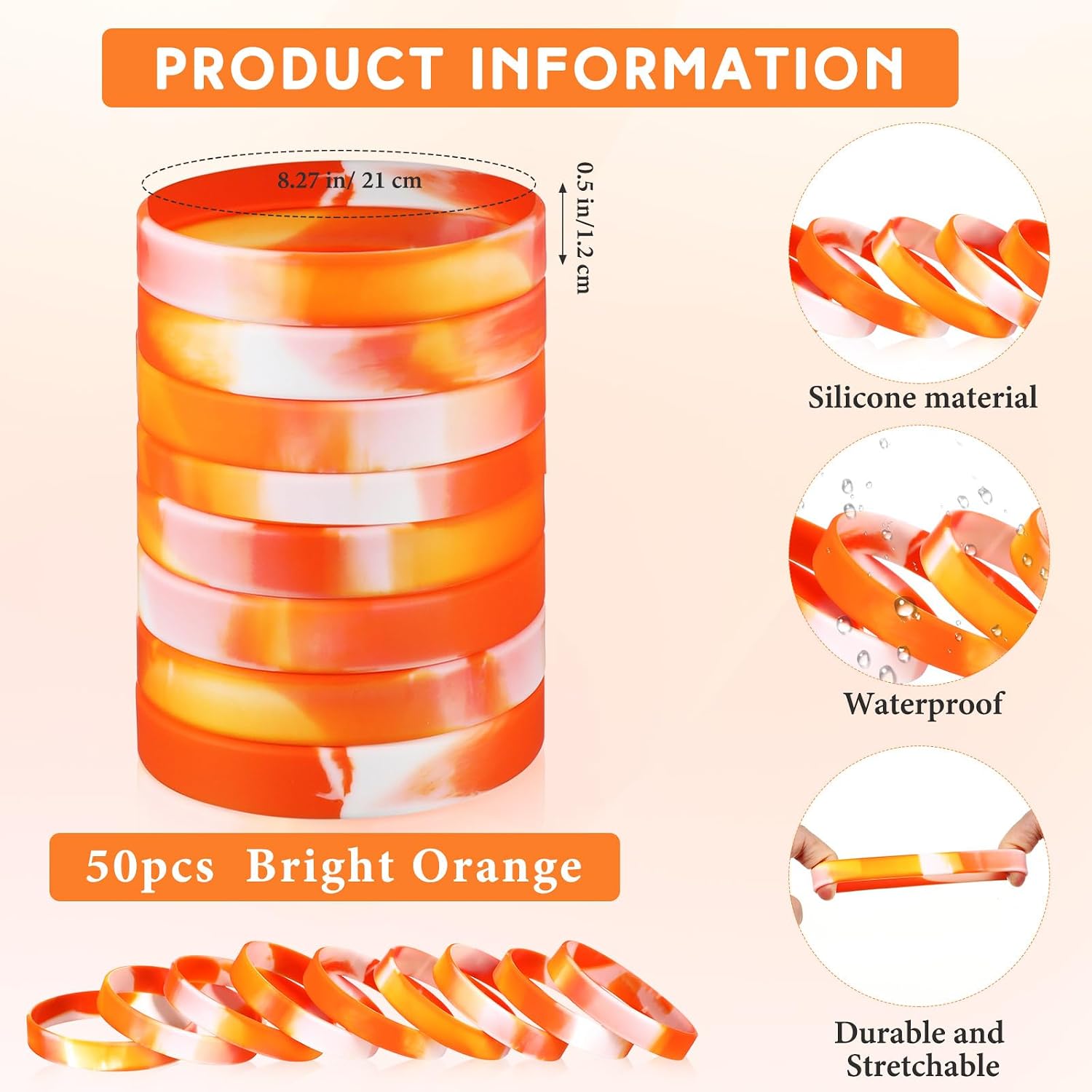 Liliful 50 Pcs Plain Silicone Rubber Bracelets Elastic Rubber Wristbands Blank Colored Bracelet Sports Bands for Stretch Wristband Wrist Bands for Women Men Party Gifts(Orange and White)