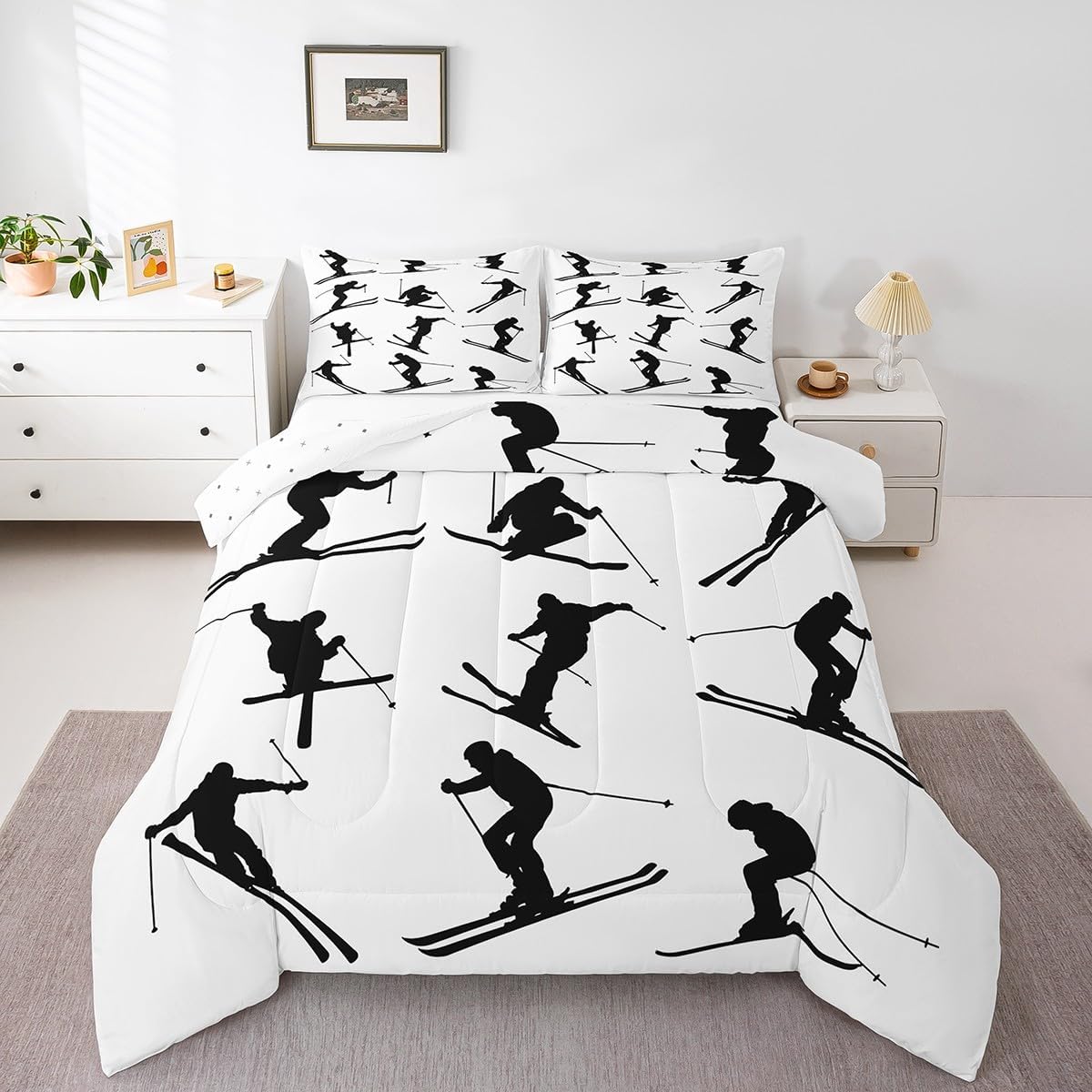 Erosebridal Ski Comforter Set Queen Size Black and White Winter Ski Themed Bedding Set for Women Men,Sports Comforter Sets for Boys Girls Bedroom Decor,Snowboard Skiing Quilt Bed Set 3Pcs