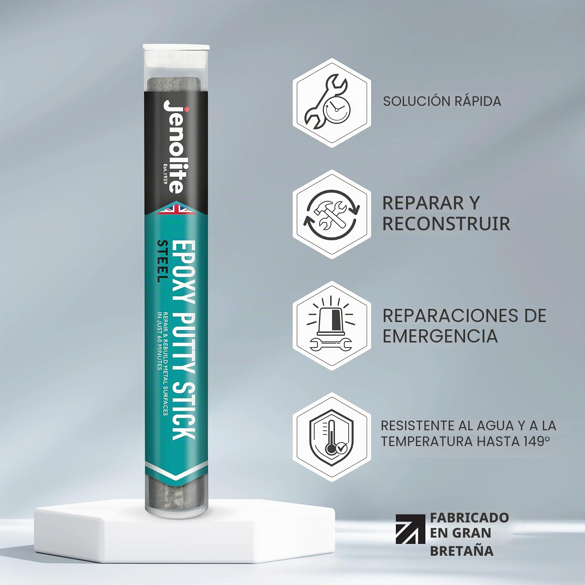JENOLITE - Masilla Epoxi de reparación de acero - Barra reparadora - Resistencia industrial: reconstrucción y reparación de todos los metales - 112g