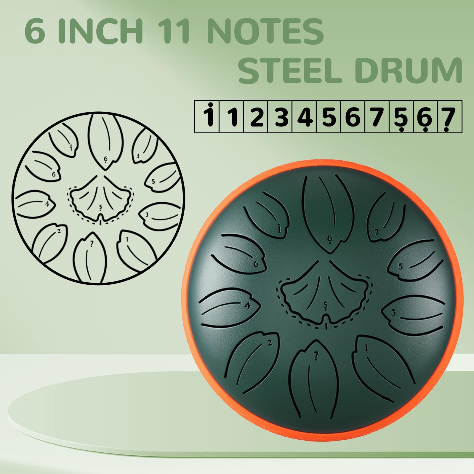 TUOKING Tamburo linguistico in acciaio, 15,2 cm, 11 note, in do, per adulti e principianti, strumento musicale per la guarigione del suono, regalo per meditazione, yoga, amanti della musica (verde)