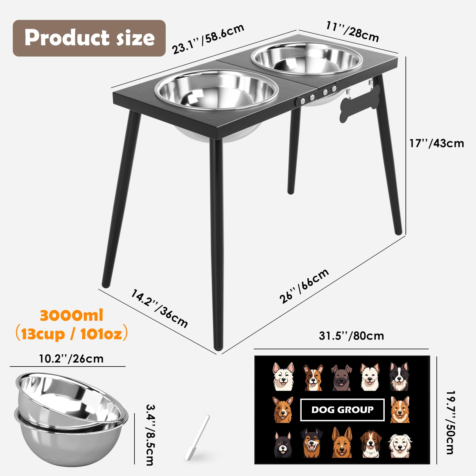 ADENGL Ciotole per cani rialzate in metallo, altezza 43,2 cm, supporto rialzato per cani con ciotole in acciaio inossidabile da 3000 ml e tappetino antigoccia per razze extra large