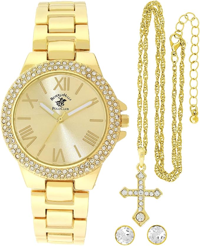 Amazon.com: Beverley Hills Polo Club Juego de relojes de cuarzo dorado para  mujer, collar de cruz a juego, reloj casual de negocios : Ropa, Zapatos y  Joyería