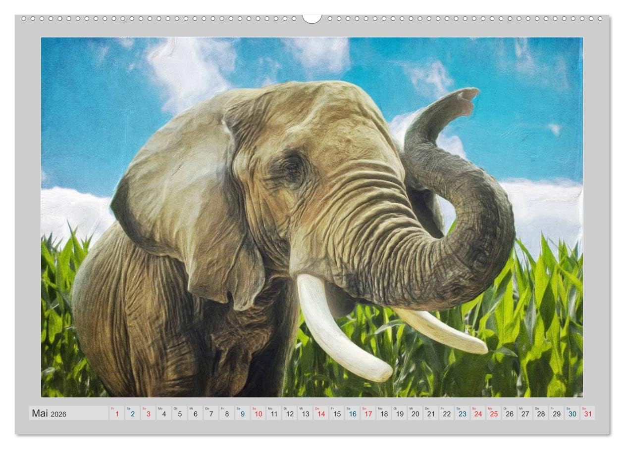Elefanten - Portraits der besonderen Art (Wandkalender 2026 DIN A2 quer), CALVENDO Monatskalender: Wunderbare Portraits der grauen Riesen - digital gemalt. (CALVENDO Tiere)
