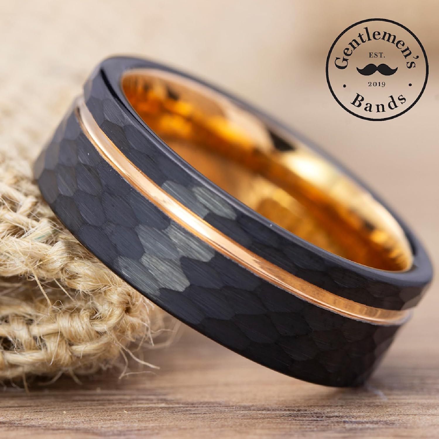 Gentlemen's Bands Premium Hammered Black Tungsten Wedding Band With Thin Rose Gold Strip | Wedding band is ideal Gift | Package Includes Silicon Band, Walnut Ring Box, Leather pouch