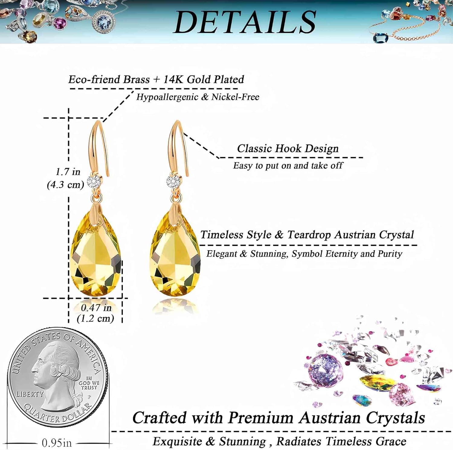 Austrian Crystal Teardrop Dangle Drop Earrings for Women 14K Gold Plated Hook Earring Hypoallergenic Jewelry Gifts for Women Girls - Image 4
